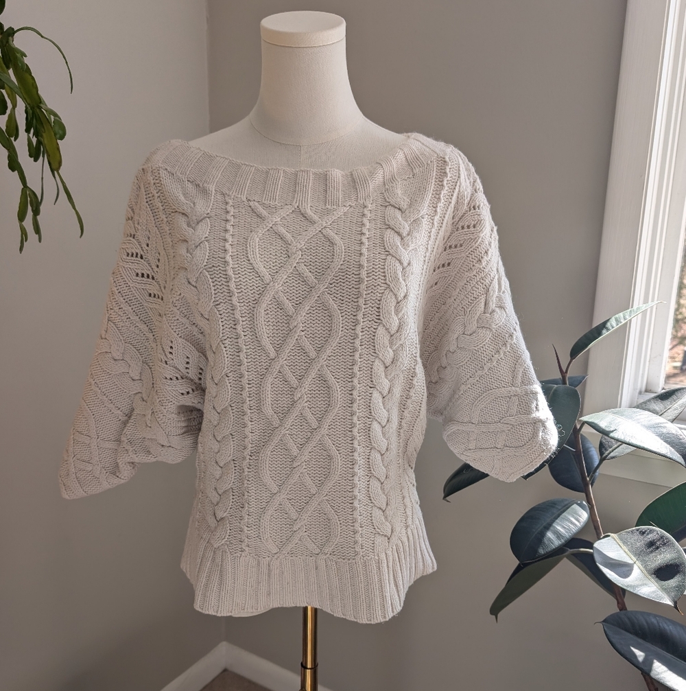 White Cable Knit Sweater Blended With Wool & Angora